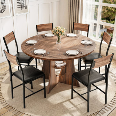 6 Person 47" Round Table Dining Set With Chairs, Cross Base Design