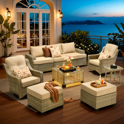 5 - Person Outdoor Conversation Set with Lighted Coffee Table, Wicker Patio Sofa & Swivel Chair Set with Cushions