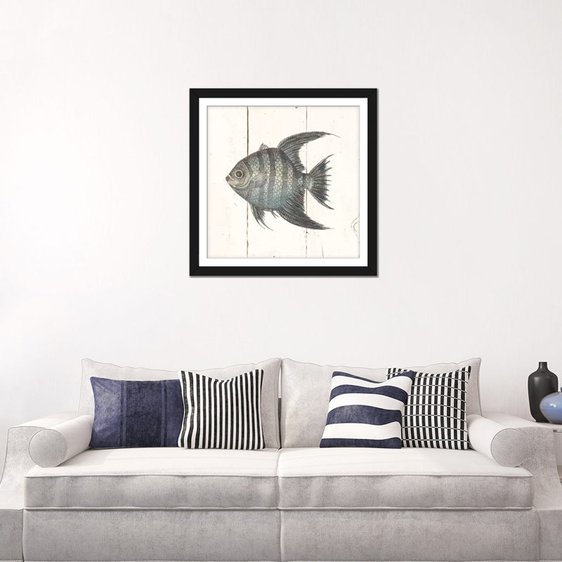 « fish sketches ii shiplap », impression sur toile, H 16 po x l 16 po x P 1 po, Papier d'art encadré noir, Blanc