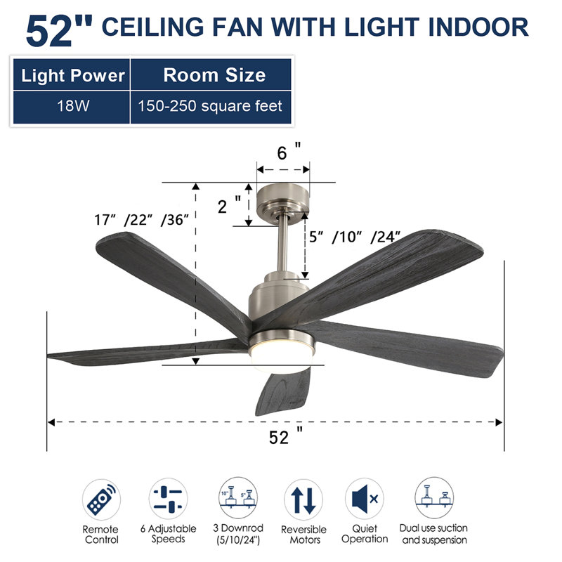 Ventilateur de plafond moderne de 52 pouces avec lumière à DEL à intensité variable et 5 pales en bois massif avec télécommande et moteur à courant continu réversible