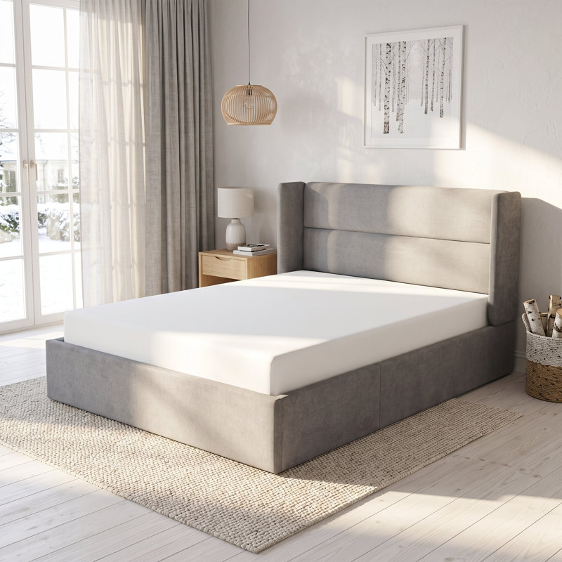 Structure de lit tapissier Annek avec rangement relevable, tête de lit à oreilles de H 40,9 po, lattes de bois et structure en métal, plusieurs tailles et options de tissu disponibles