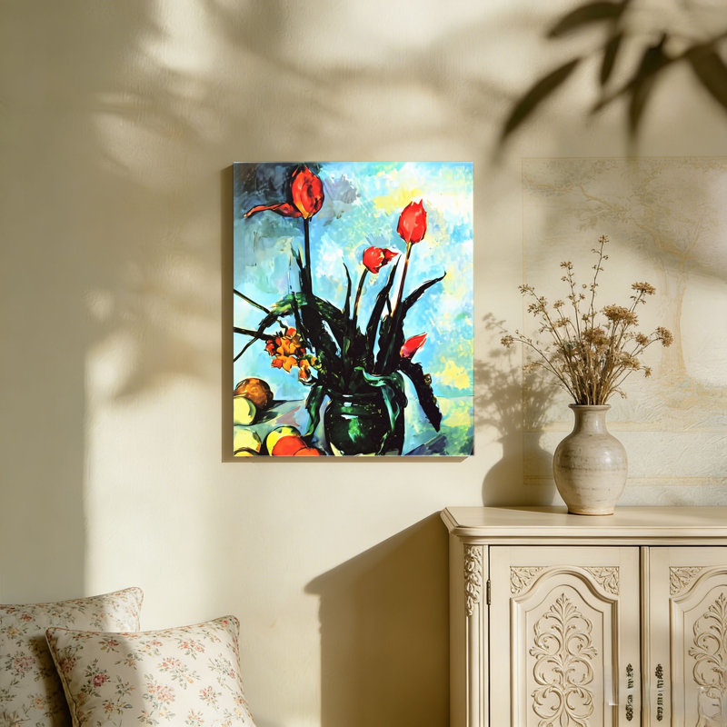 Tulipes dans un vase, cadre en bois à l'arrière, impression sur toile, 24 po x 36 po