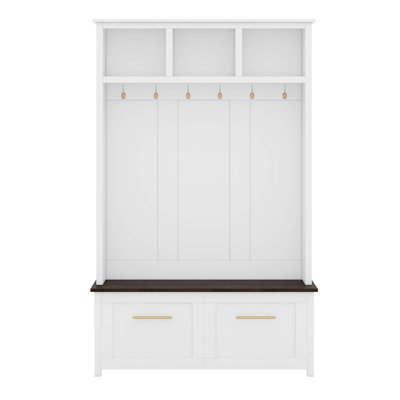 4-In-1 Hall Tree With 6 Golden Hooks, Wood Grain Bench With Multiple Storage Space, Entryway Coat Rack With 2 Drawers