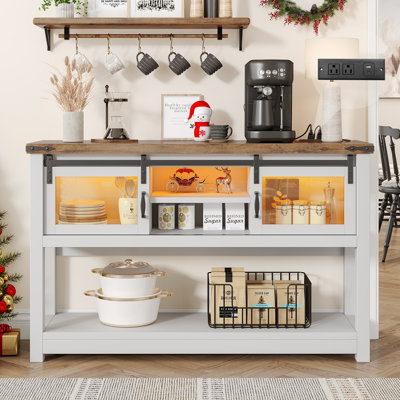 Farmhouse Coffee Bar With Storage,  Sofa Table With Sliding Barn Door White Coffee Buffet Cabinet With Charger Station, Console Table With Bottom Open Shelf, For Living Room