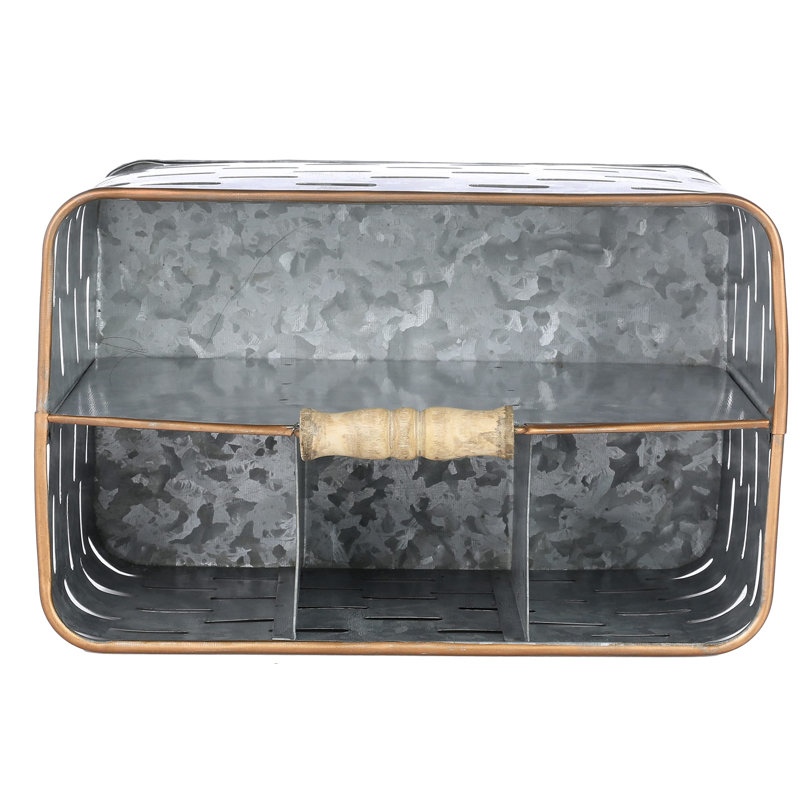 Galvanized Metal Kitchen Utensil Holder Caddy With 2 Compartments, Copper Tone Edges And Rustic Wood Handle
