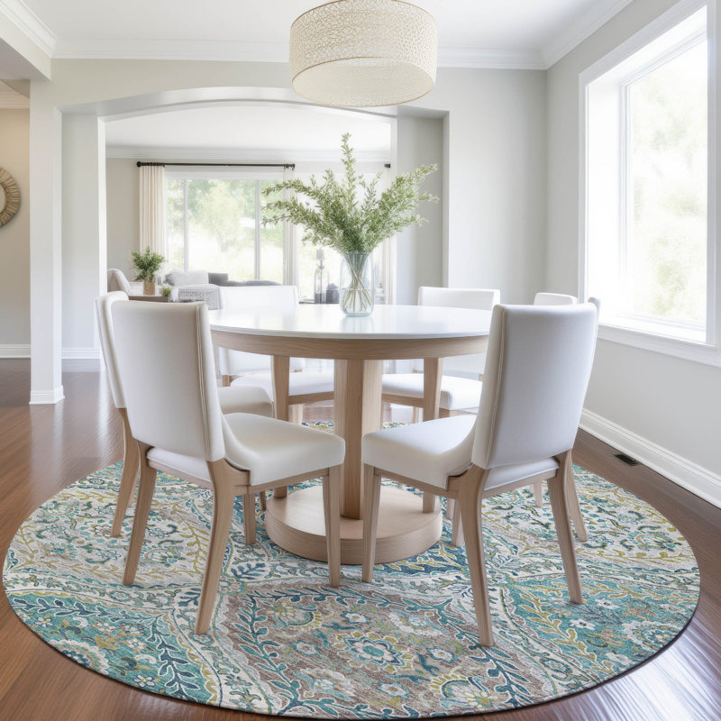 Machine Washable Indoor/Outdoor Xhevrie Teal Rug, Round 8'