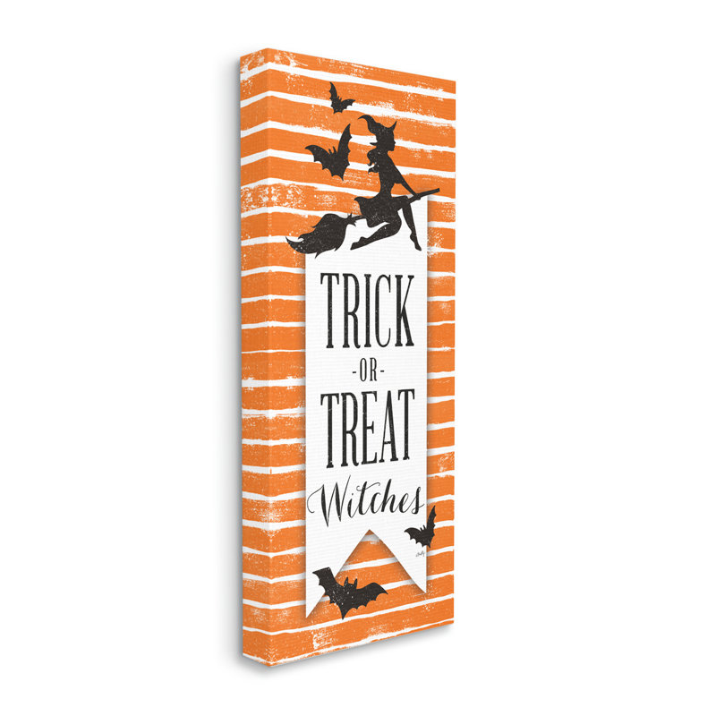 Silhouette de sorcière, "Trick or orgie", motif de rayures orange encadré noir, art texturé par Misty Michelle, Toile tendue