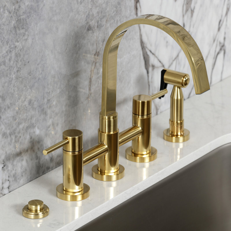 Kingston Brass Concord Two-Handle 4-Hole Deck Mount Bridge Kitchen Faucet with Brass Side Sprayer, Brushed Brass