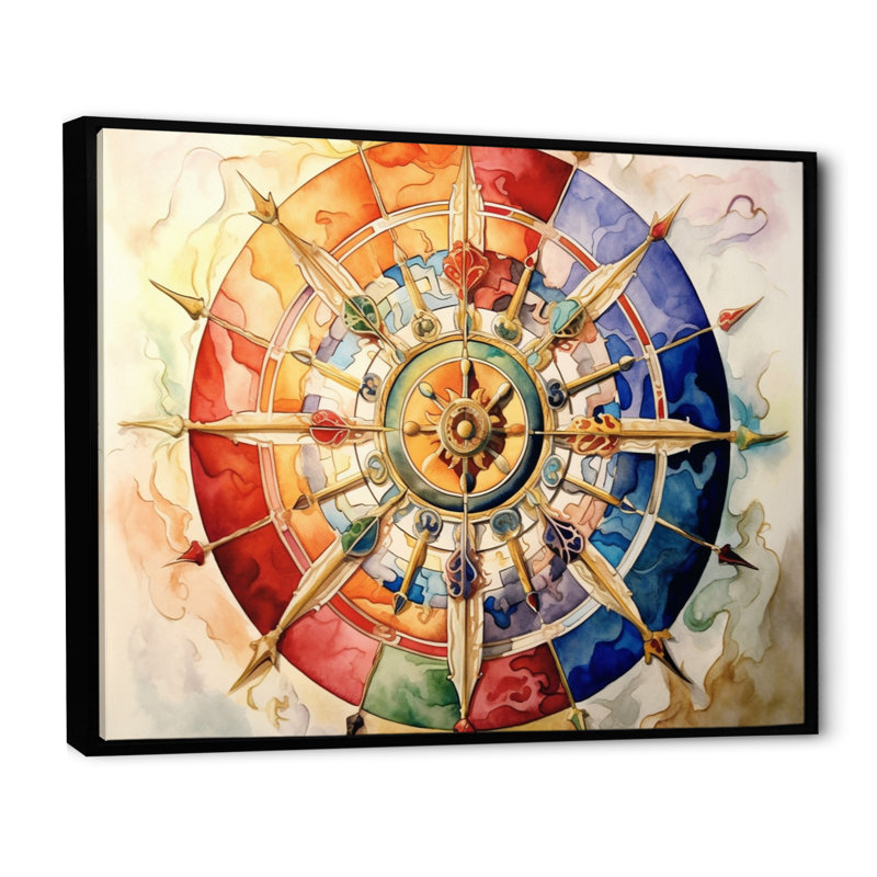 La roue religieuse du dharma sur toile, H 24 po x l 32 po x P 1 po, Cadre flottant noir