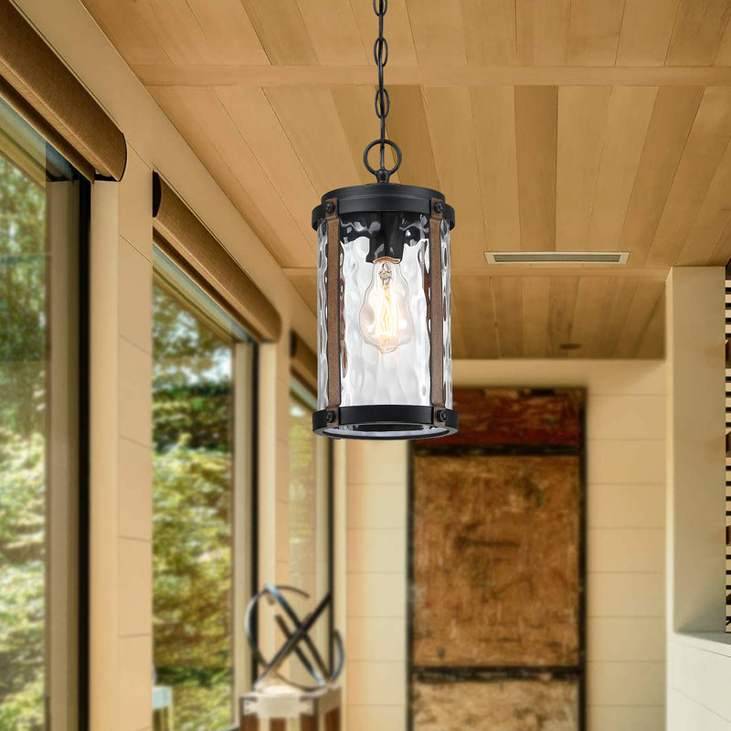 Lemoore Lovely 1-Light 14" H Outdoor Hanging Lantern Pendant With Matte Black And Barnwood Accents