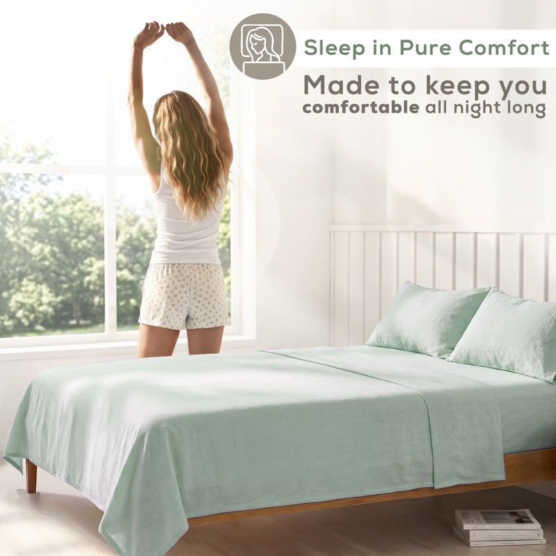Ensemble de draps en percale 100% coton lavé - comprend 1 drap plat, 1 drap-housse et 2 taies d'oreiller, Sage Green
