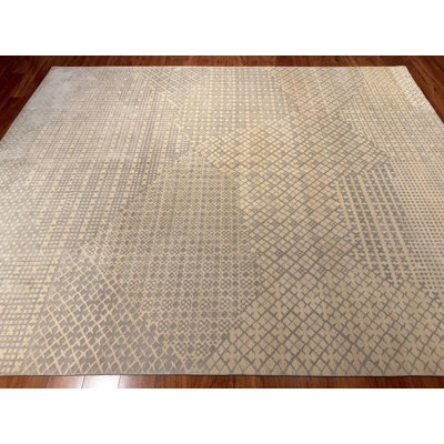 Tapis en laine noué à la main 8 pi x 10 pi | Tapis moderne à motif géométrique dégradé | Tapis beige ivoire contemporain | Tapis de salon Etah