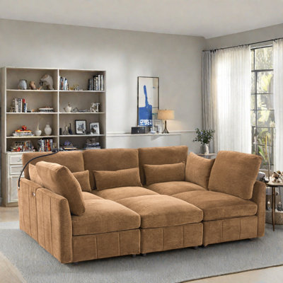 Modern Sectional Sofa With A Movable Ottoman, 2 Usb Ports And A Phone Holder
