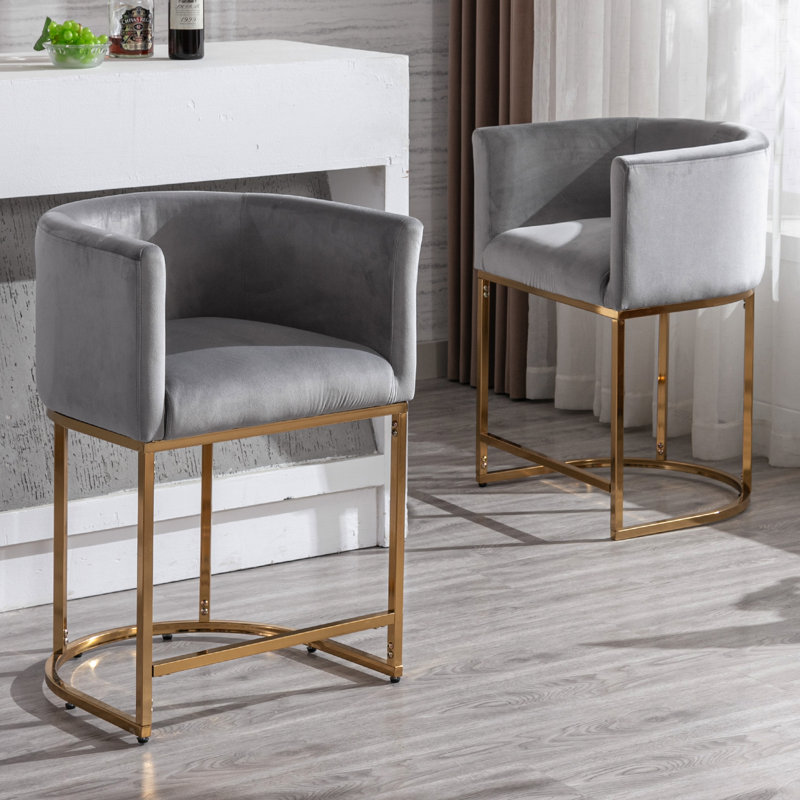 Shalon Modern Bar Stools Upholstered Fabric Counter Height Barstools Kitchen Counter Island Stools, Gray Velvet/Gold Frame
