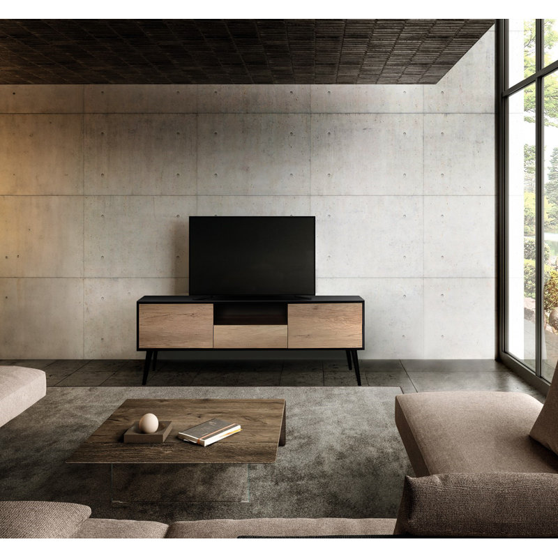 Modern TV Stand with Wall-Mounting Capability, Black & Taupe, 63.0 x 22.8 x 16.1 inches | Coated Particle Board, Thickness: 0.6 inches | Multiple Shelves & Additional Storage for Stylish Living Rooms