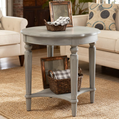 Wood Round End Table With Bottom Shelf, Solid Wood Legs And Mdf Top In Antique Slate Finish