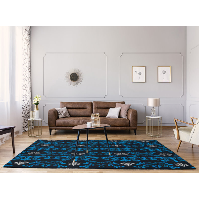 Tapis damassé noir / bleu, Rectangle 8 pi x 10 pi