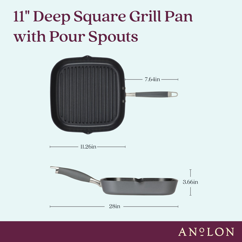 Anolon Advanced Home Hard Anodized Nonstick Deep Square Grill / Griddle Pan With Pour Spouts,11 Inch, Gray