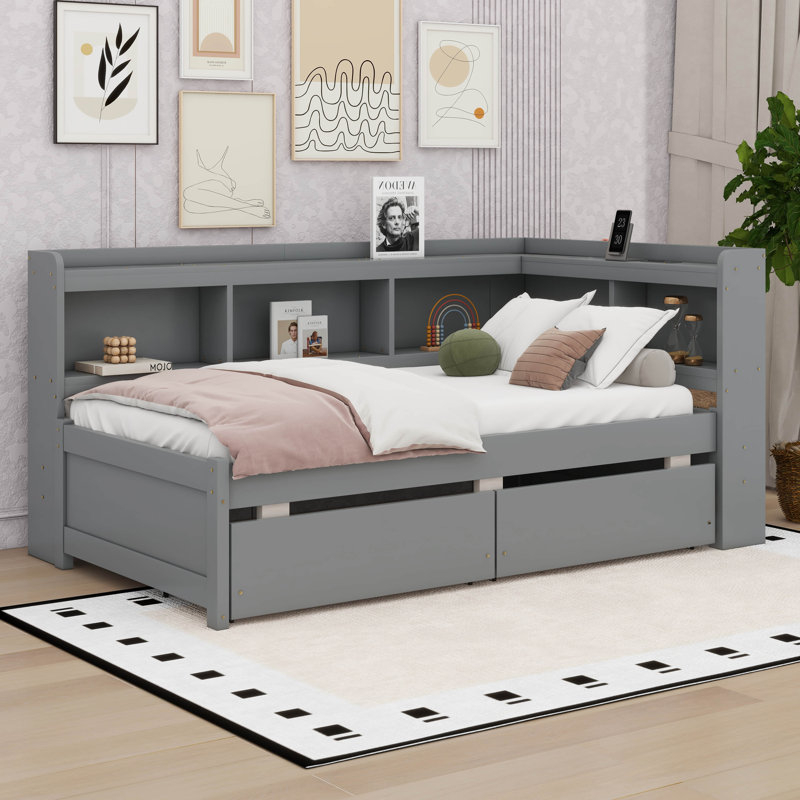 Twin Size Daybed With Drawers, Solid Wood Corner Bed Frame With L-Shaped Bookcase, Grey