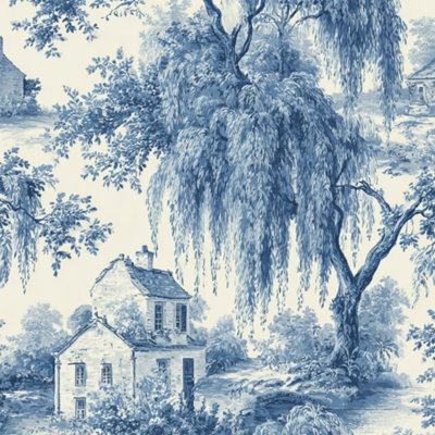 Peel and Stick Wallpaper Vintage Blue White Toile Country Houses Trees Contact Paper Removable Self Adhesive Wall Mural Wall Decor for Bedroom Kitchen Cabinets 17.7in x 118in