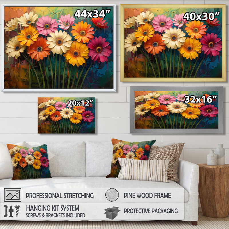 «Multicolor Garden Daisies Collage III - Daisies», reproduction d'art murale, Cadre flottant noir, H 16 po x l 32 po x P 1 po