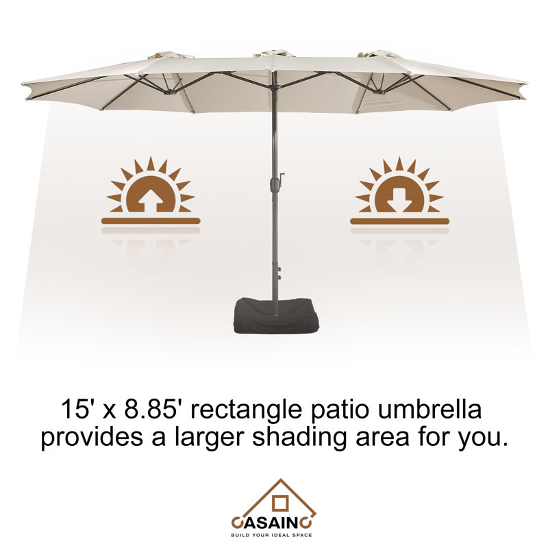 Beige 15-ft Steel Double-Sided Patio Umbrella with Base