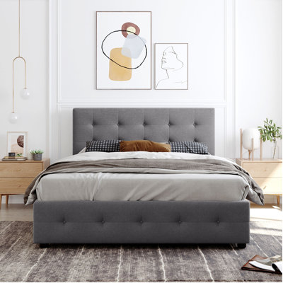 Upholstered Queen Size Platform Bed With Classic Headboard And 4 Drawers, No Box Spring Needed, Linen Fabric -  Red Barrel StudioÂ®, 646F7DCCF3C44F23AD2C1C75D8118A21