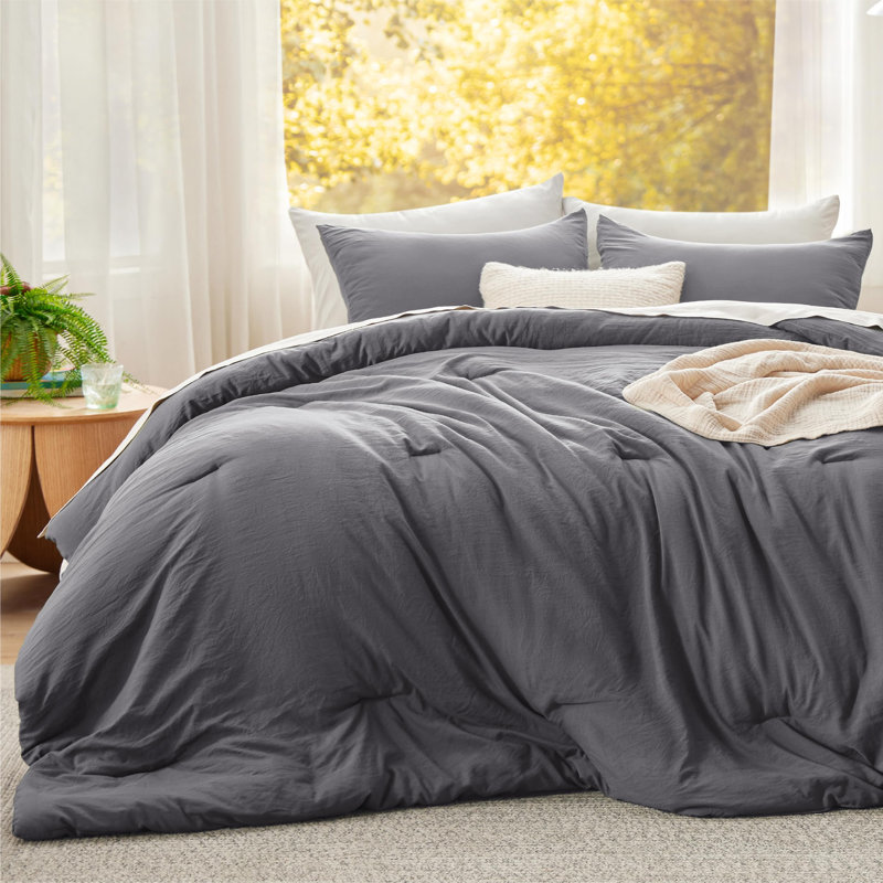 Bedsure Reversible Prewashed Comforter Set, Queen Comforter + 2 Standard Pillowcases, Dark Gray