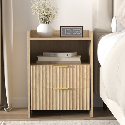Table de chevet moderne en bois cannelé avec 2 tiroirs et tablette ouverte pour la chambre à coucher