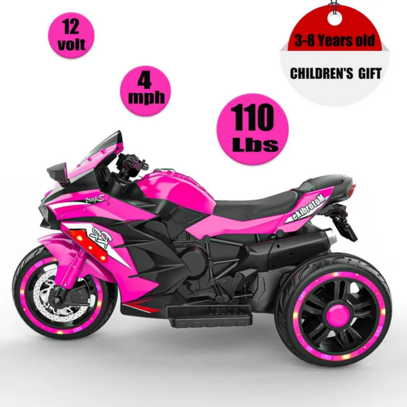 Moto électrique 3 roues 12 V pour enfants, pneus lumineux DEL, Bluetooth, tricycle à batterie avec suspension, pour garçons et filles de 3 à 8 ans, rose