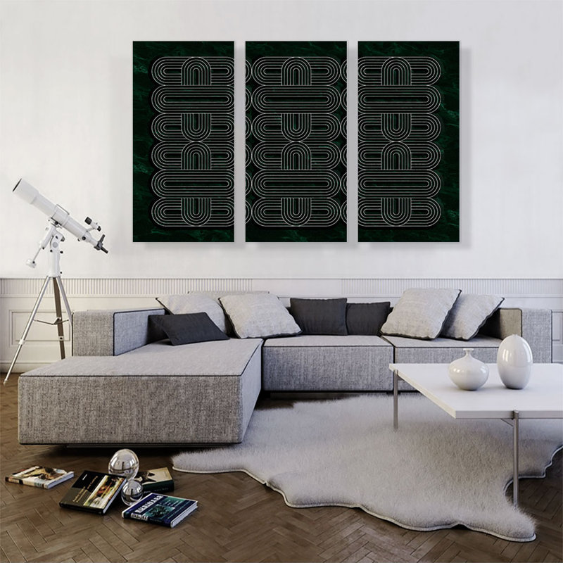 Art déco ovales blancs sur vert foncé - ensemble de 3 impressions sur toile tendue, H 40 po x l 60 po x P 0,75 po