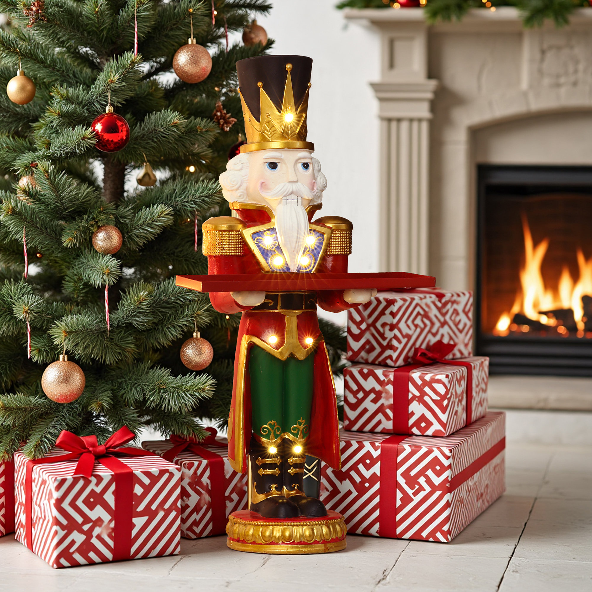 Tall Nutcracker Red Soldier with Tray, Battery-Operated Holiday Decoration with Lights, 23.62" H x 11.81" W x 7.68" D