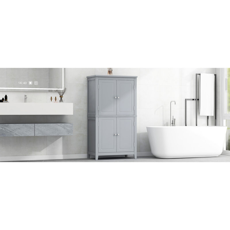 Grande armoire de rangement de salle de bain grise avec 4 portes, tablettes réglables, utilisation optimale de l'armoire autoportante, portes polyvalentes