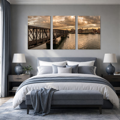 Ensemble de 3 toiles murales « Coucher de soleil sur un pont » pour la décoration du salon et de la chambre.