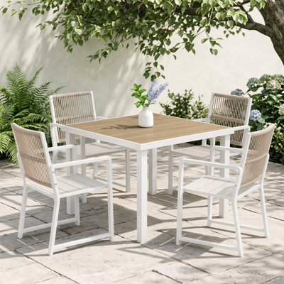 Ensemble de salle à manger 5 pièces pour patio, table en acier de 3 pi avec plateau en similicuir et 4 chaises en Hdpe avec dossier tissé, résistant aux intempéries, blanc