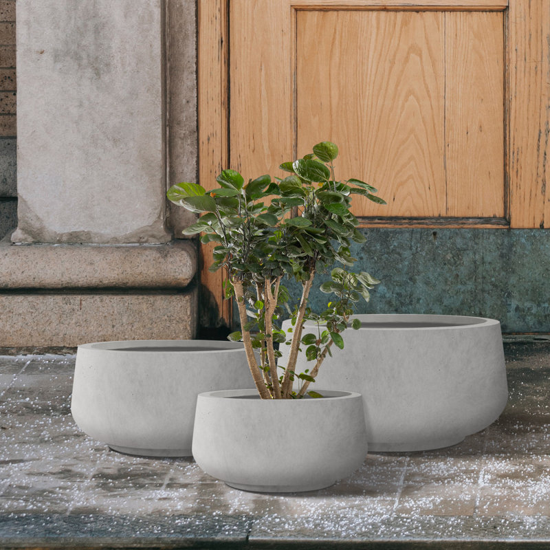 Wurster 3 Piece 21.6", 16.9", and 12.5"W Round Concrete Elegant Planters, Outdoor Indoor Modern Planter Pots, Lightweight, Weather Resistant, Seamless with Drainage Hole Set
