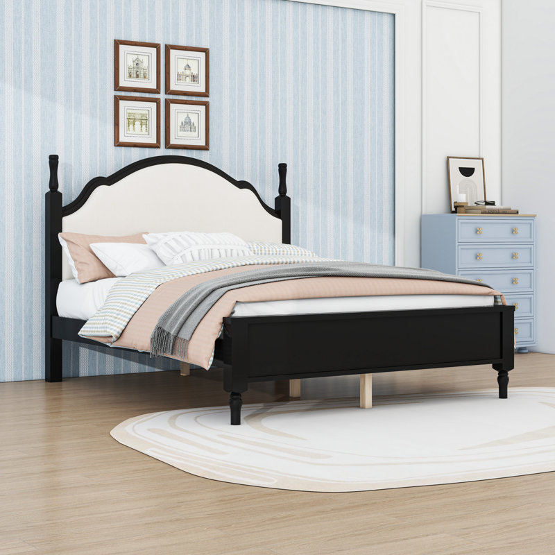 Lit plateforme en bois avec tête et pieds rembourrés courbés, Black Beige, Grand