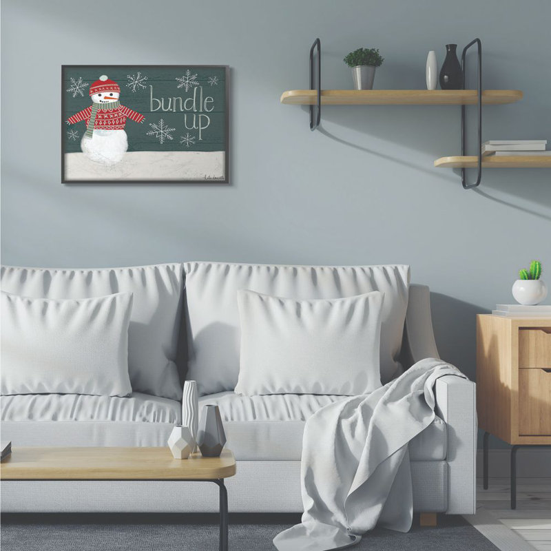 «Bundle Up Snowman» - Impression, H 24 po x l 30 po, Giclée encadrée noir minuit
