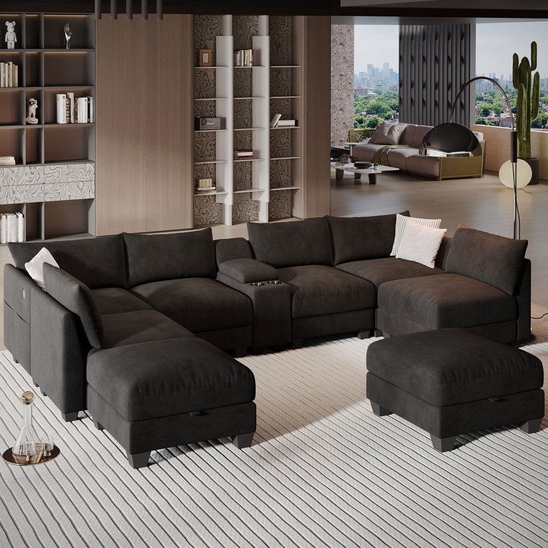  Amold 136.2'' U-Shaped Sectional Sofa, 8-Seater Modular Couch, Comfy Living Room Cloud Sofa With Ottoman And Console