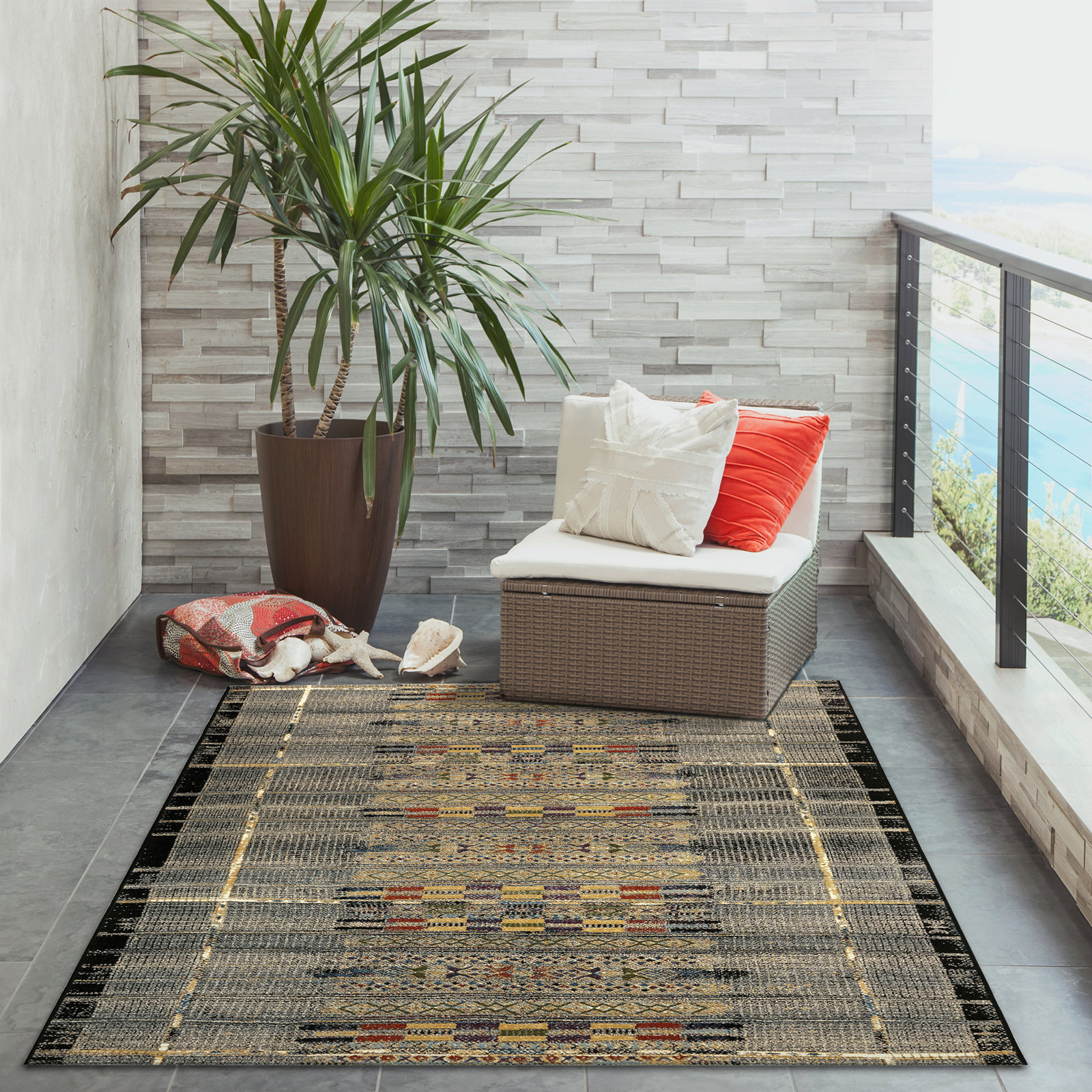 Sesena Black/Gold/Orange/Green/Blue/Ivory/Grey Indoor/Outdoor Rug, Rectangle 8'10" x 11'9"