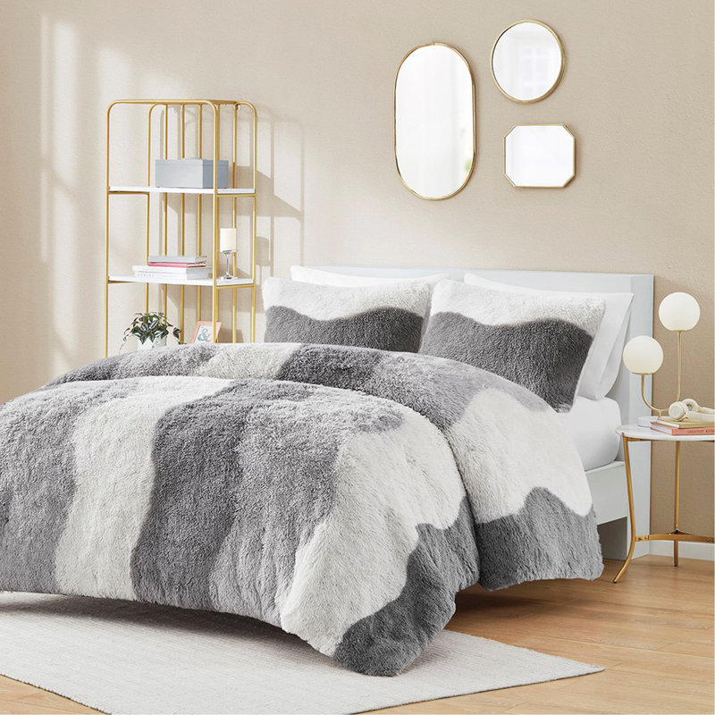 Ensemble d'édredon en fausse fourrure ombrée Ombre, Édredon simple + 1 taie décorative, Gris