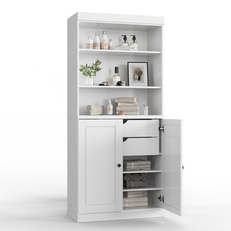 32" 100% Solid Wood Freestanding Bathroom Cabinet with Solid Doors, 2 Drawers & Adjustable Shelves – Modern Bathroom Storage