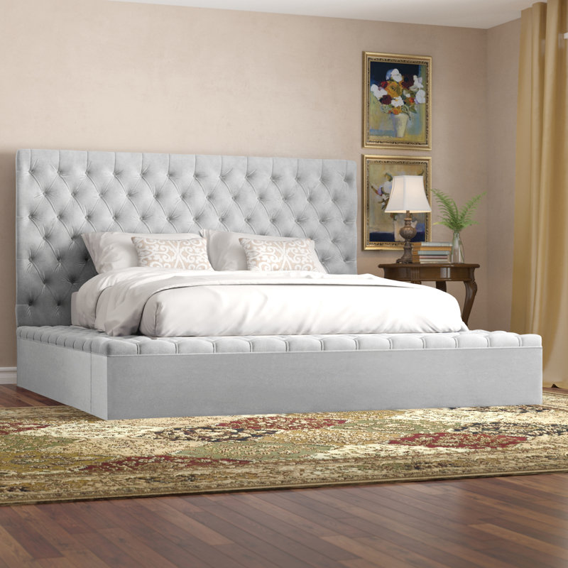 Lit plateforme tapissier avec rangement Johnnay, Grand, Velours blanc