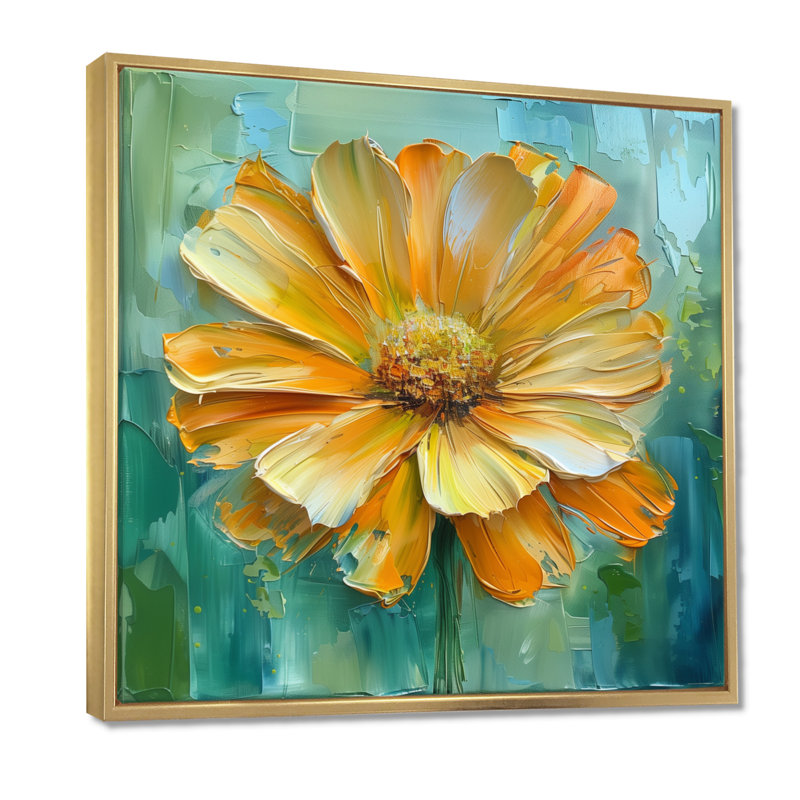 Jaune jaune fleuri souci fleur II - souci mural art salon, Cadre flottant doré, H 16 po x l 16 po