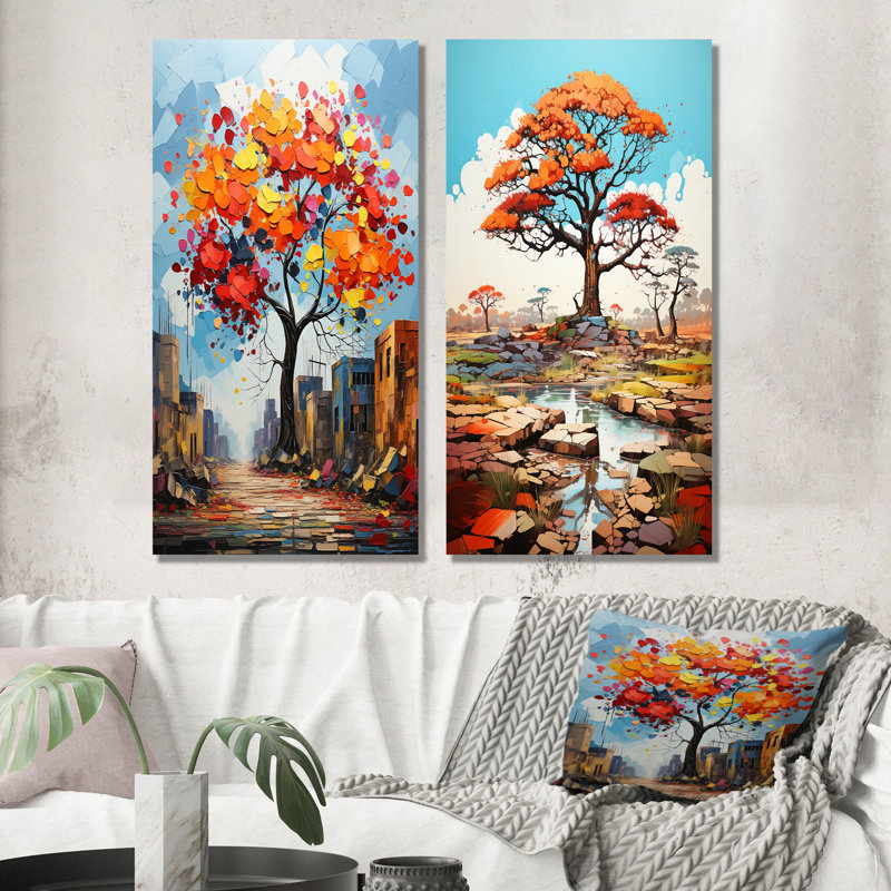 Baobab style graffiti - ensemble de salon art mural arbre baobab de 2, H 28 po x l 25 po, Toile tendue