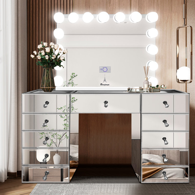 Coiffeuse avec miroir de maquillage lumineux biseauté, Blanc, 27 po x 31,5 po