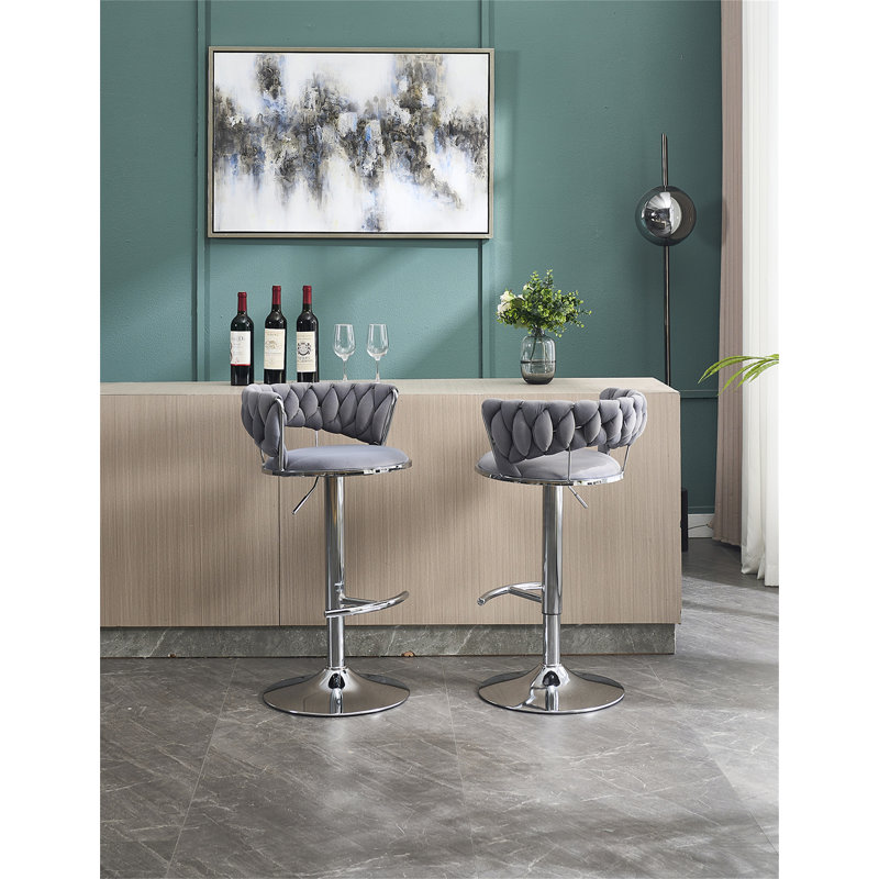 Set Of 2 Bar Stools,With Chrome Footrest And Base Swivel Height Adjustable Mechanical Lifting Velvet + Chrome  Leg Simple Bar Stool