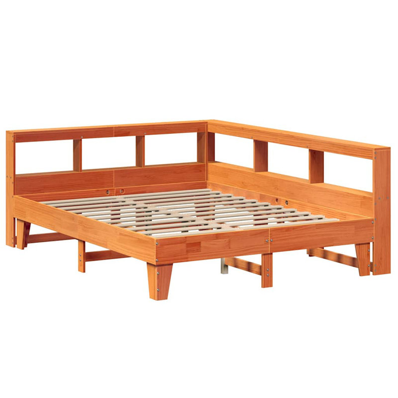 Bookcase Bed Without Mattress Solid Wood Pine, King (5'), Wax Brown
