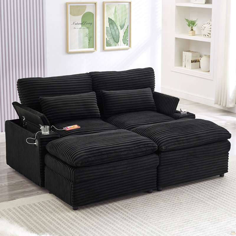 Loveseat Sofa 70.9" Free-Combined Sectional Convertible Sofa Bed With Storage Space, Two Movable Ottomans, Four USB Ports And Two Cup Holders