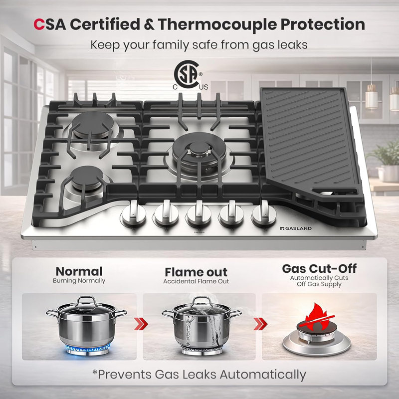 Plaque de cuisson à gaz de 30 po en acier inoxydable avec 5 brûleurs, grille / plaque chauffante à double face GASland, convertible au gaz naturel / gaz de pétrole liquéfié, certifié CSA